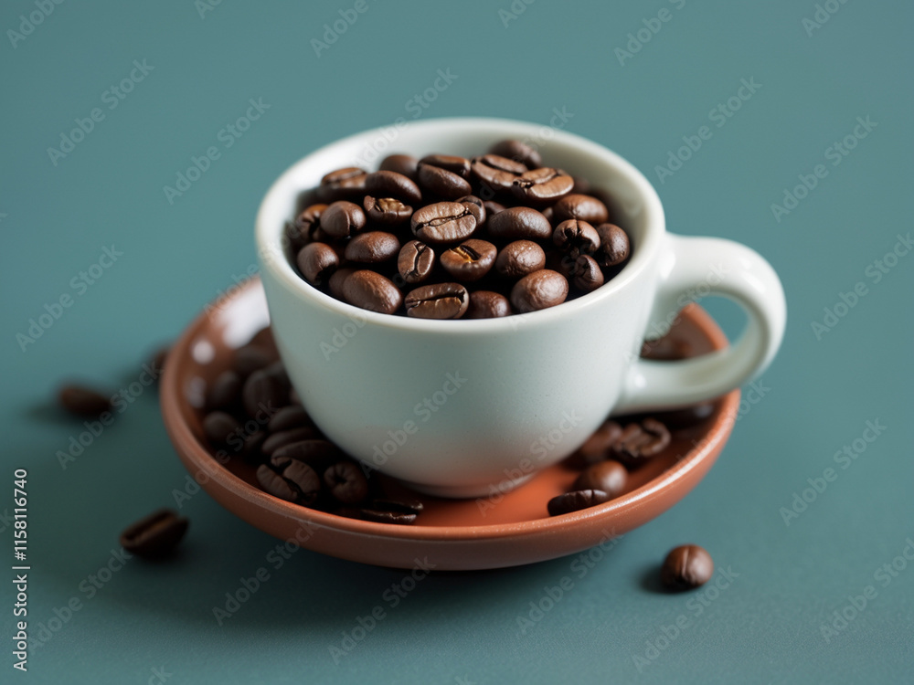 A close-up view of a small white ceramic coffee cup filled to the brim with roasted dark brown coffee beans. A close-up view of a small white ceramic coffee cup filled to the brim with roasted dark brown coffee beans.
