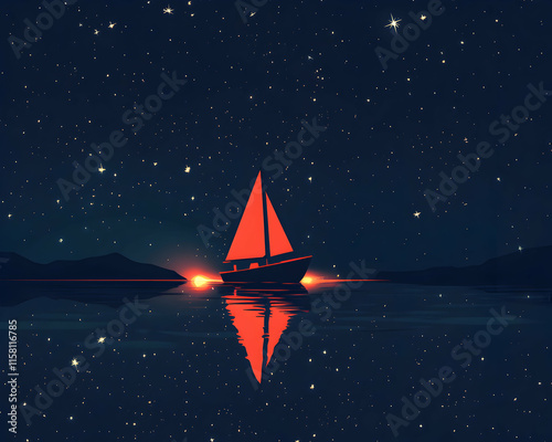 Serene nightscape featuring a red sailboat on calm waters under a starlit sky, perfect for travel, adventure, or peaceful themes. photo