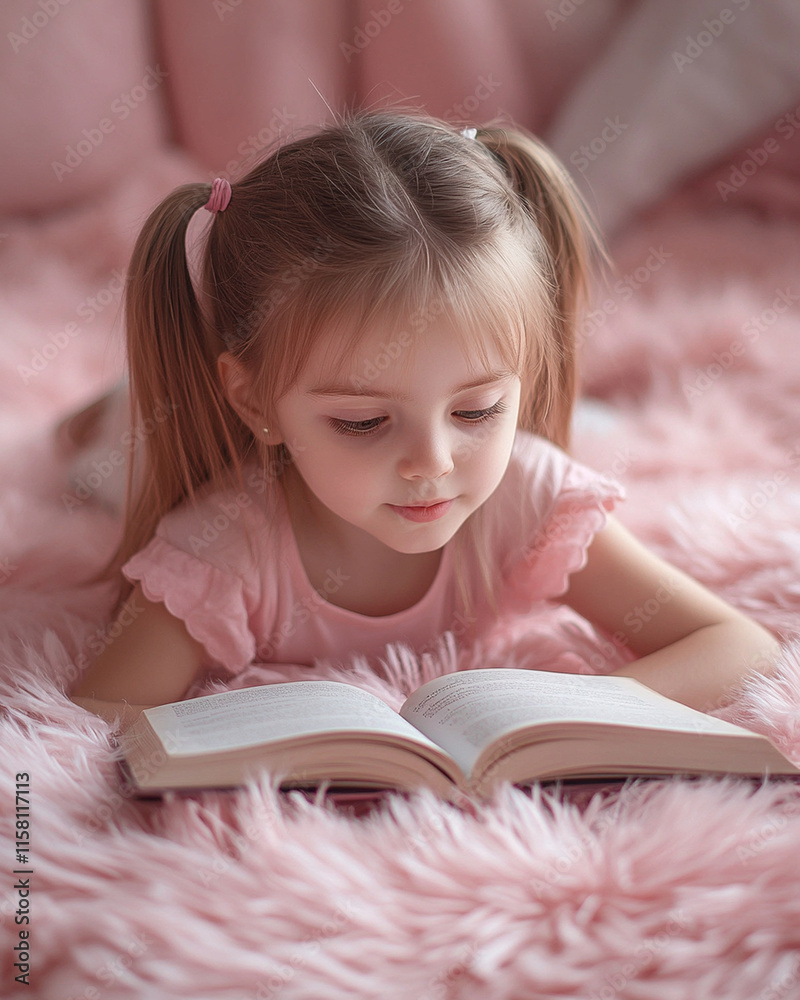 Young girl reading a book while lying on a pink fluffy rug in a cozy room during the afternoon Young girl reading a book while lying on a pink fluffy rug in a cozy room during the afternoon