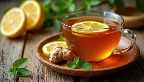 Cup of ginger tea with lemon slices and fresh mint on a wooden table, Detox concept, warm drink photo