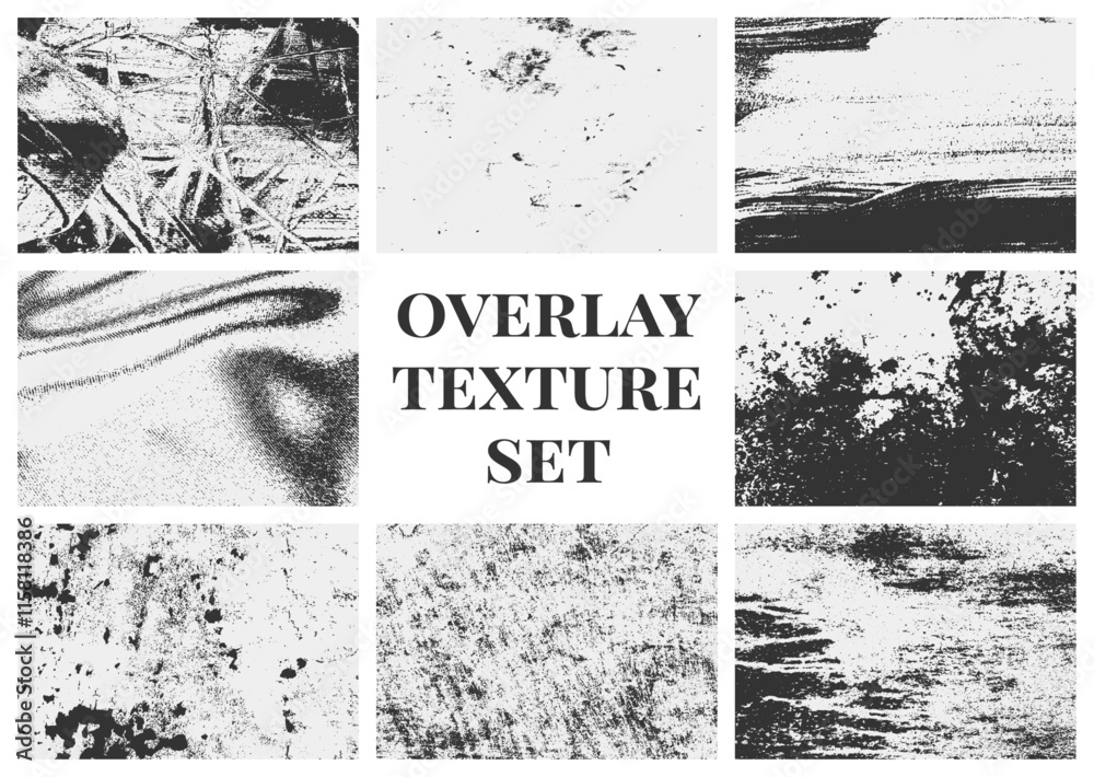 A grunge overlay texture set with distress effects, scratches, and rough grain. This collection of black grain textures adds a vintage touch to any design.