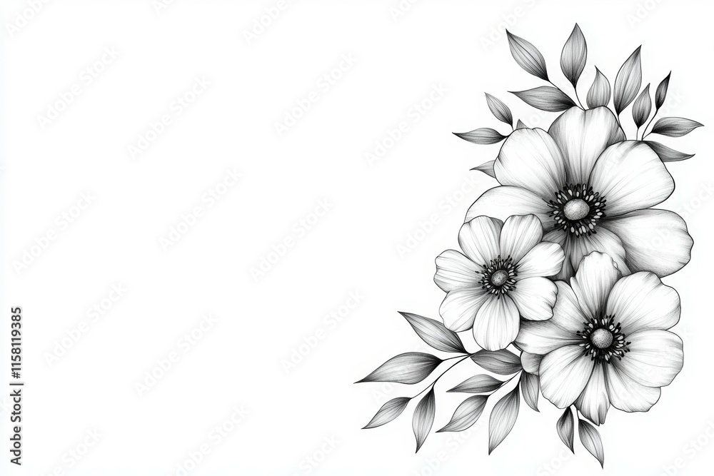 A black and white drawing of a flower with a white background A black and white drawing of a flower with a white background
