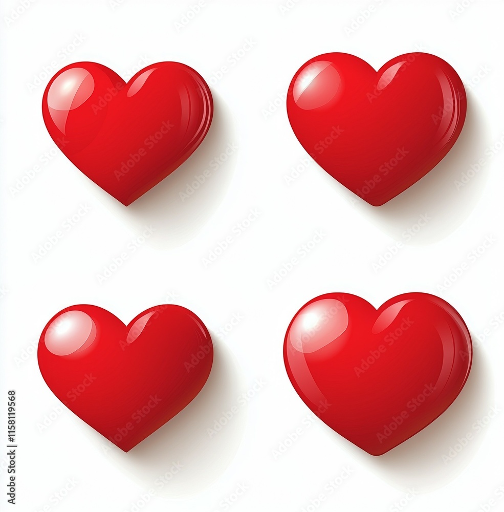 Four red hearts are shown in a row, with the top left heart being the largest Four red hearts are shown in a row, with the top left heart being the largest