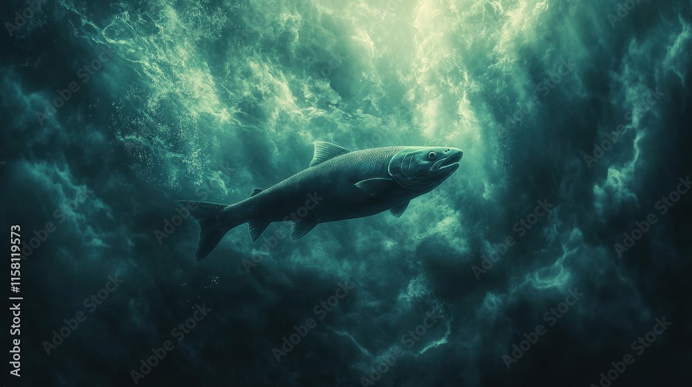 Fototapeta premium A large salmon swims through dark, swirling water. Ideal for illustrating themes of mystery, depth, and the power of nature.