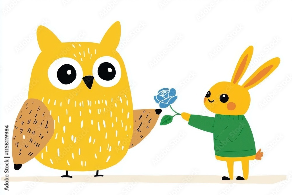 Whimsical forest friendship owl and bunny's cheerful flower exchange Whimsical forest friendship owl and bunny's cheerful flower exchange