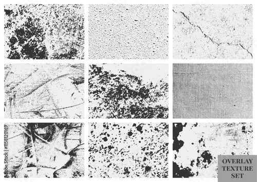 Grunge overlay texture set with distressed effects, old damage, and scratches. A collection of high-quality grainy textures perfect for vintage and worn looks.