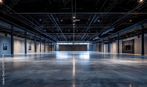Fototapeta Naklejka Na Ścianę i Meble -  Vast, empty industrial-chic event space with polished concrete floor and high ceilings, ideal for exhibitions or conferences.