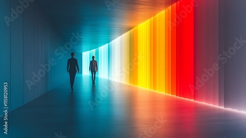 Two businessmen walk towards vibrant, colorful light.