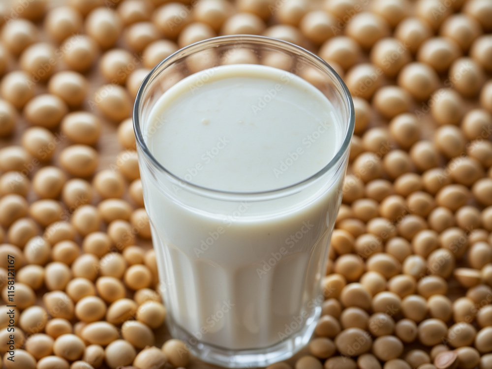 A close-up photograph showcasing a glass of fresh, creamy white soy milk placed prominently in the frame, viewed from a slightly elevated angle. A close-up photograph showcasing a glass of fresh, creamy white soy milk placed prominently in the frame, viewed from a slightly elevated angle.