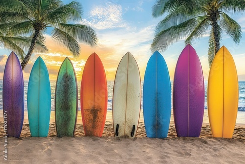 Colorful Surfboards on Beach at Sunset #1158121177