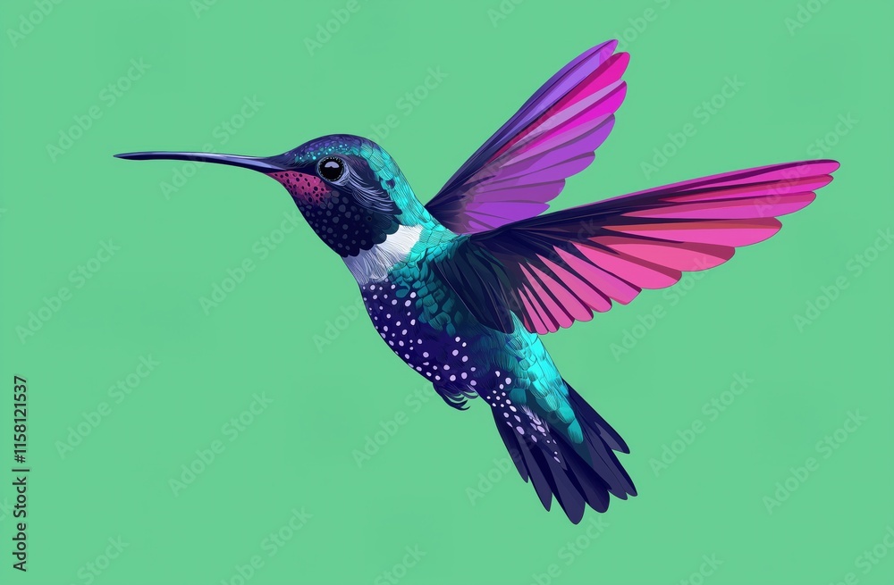 Fototapeta premium Hummingbird in Flight on Green Background