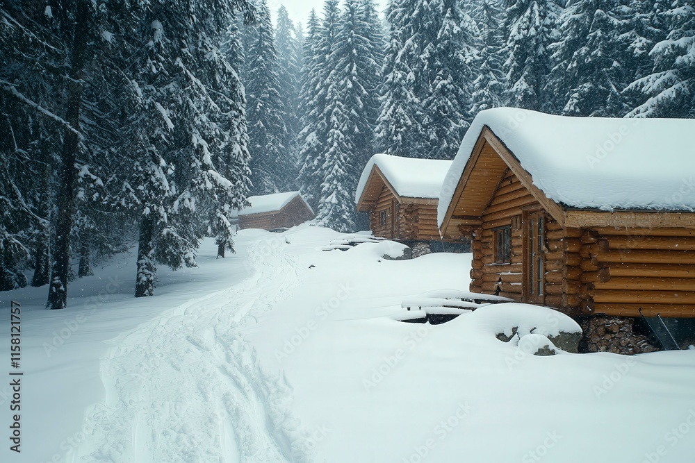 Cozy Cabins in Snowy Forest Landscape Cozy Cabins in Snowy Forest Landscape