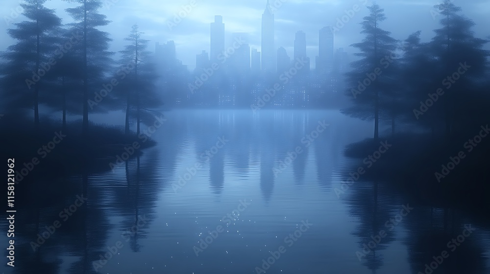 Fototapeta premium Misty city skyline reflected in calm lake water, surrounded by trees.