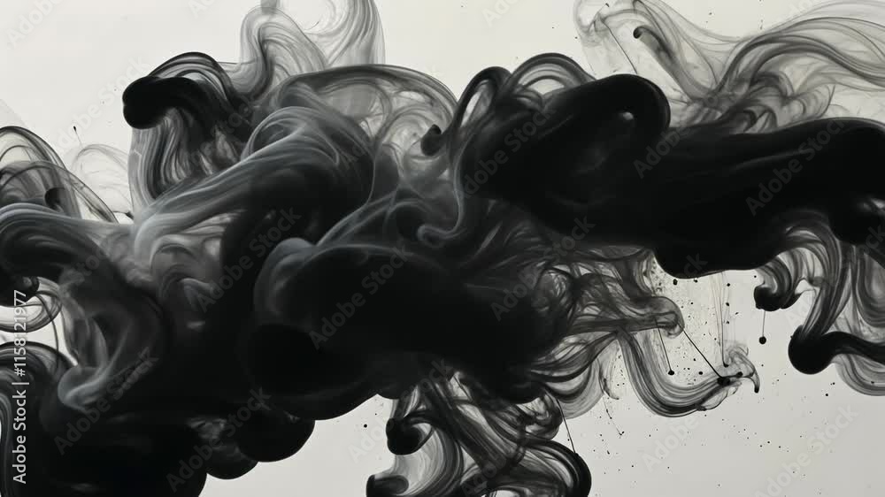 Black ink swirling in water creating abstract smoke patterns on white background