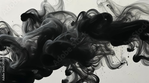 Black ink swirling in water creating abstract smoke patterns on white background