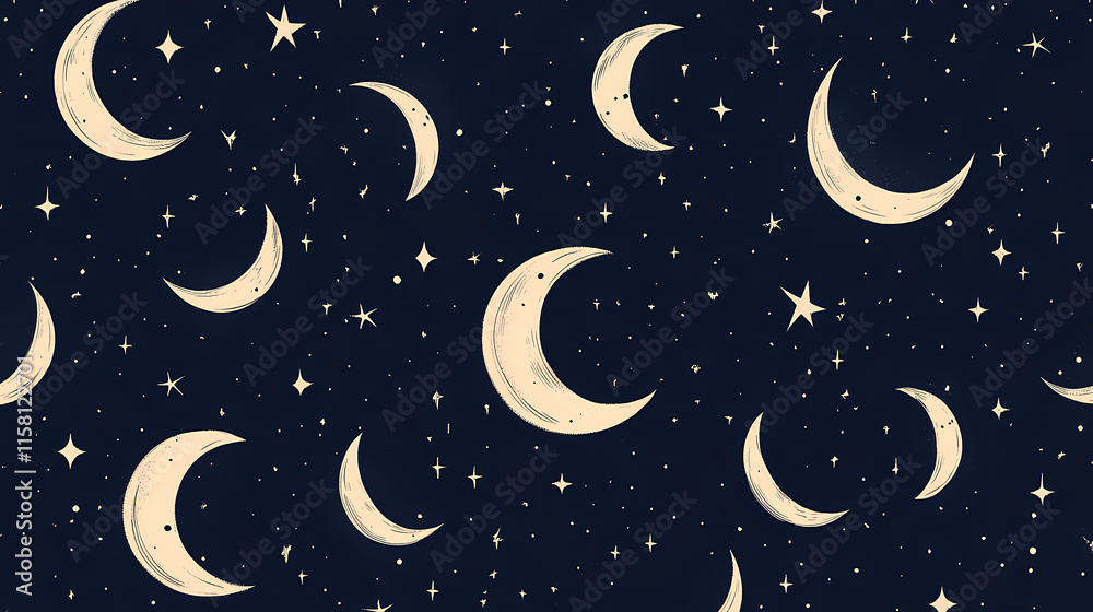 Naklejka premium Minimalist star patterns and crescent moons arranged on a deep navy background. Crescent. Illustration