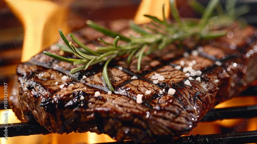 Grilled steak with rosemary and salt on barbecue grill, close-up. Gourmet dining and barbecue concept