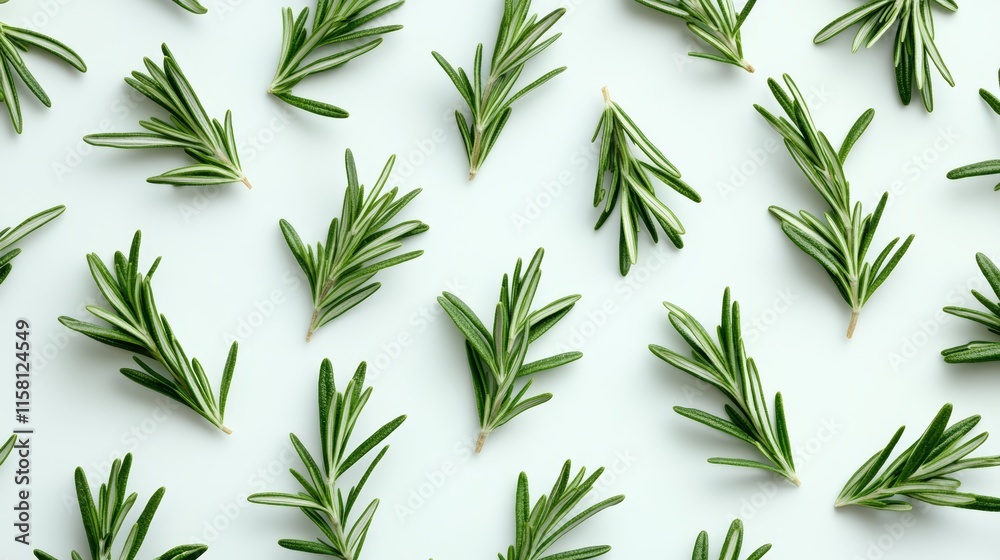 Naklejka premium A closeup shot of rosemary leaves in a neat grid, photorealistic, crisp focus, isolated on white background