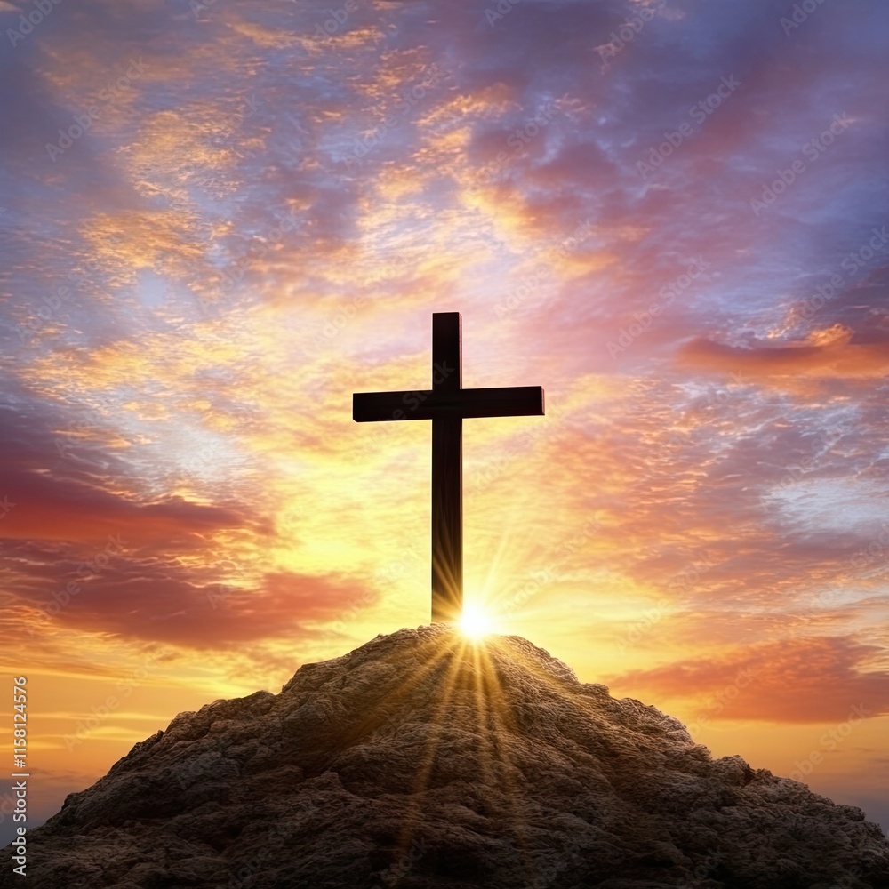 Fototapeta premium Cross Sunset Mountaintop Silhouette