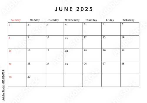 Minimalist June 2025 calendar design vector illustration. Perfect for planners, organizers, or scheduling purposes.