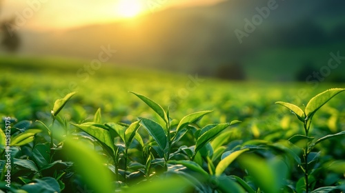 Green Teas. Sunrise over lush green tea leaves, showcasing nature's beauty and tranquility in a vibrant and peaceful landscape.