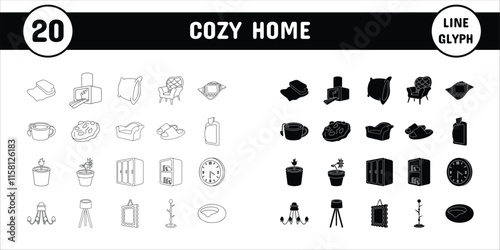 Cozy Home Line Glyph Vector Illustration Icon Sticker Set Design Materials