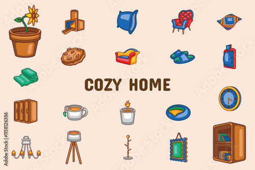 Cozy Home Lineal Color Vector Illustration Icon Sticker Set Design Materials