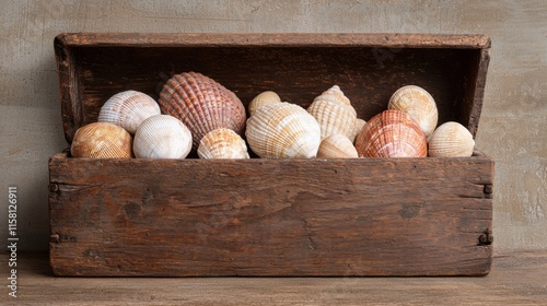 Rustic wooden box filled with a variety of seashells, showcasing natural textures and earthy tones, perfect for coastal or nautical themes photo