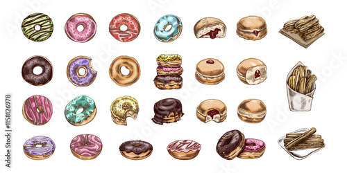 Hand-drawn colorful sketch set of donuts and churros collection