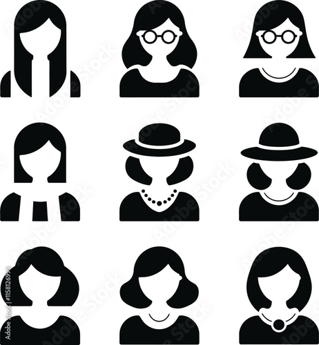 Male and female head silhouettes avatar set. Vector illustration black person portrait head. Anonymous face profile and group icon isolated on white background
