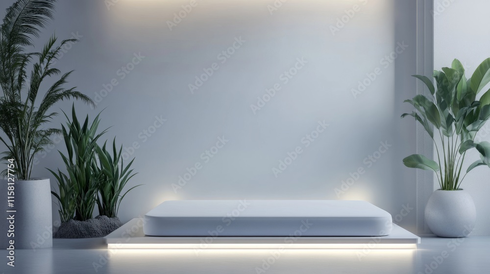Fototapeta premium Modern display space with plants and minimal decor.