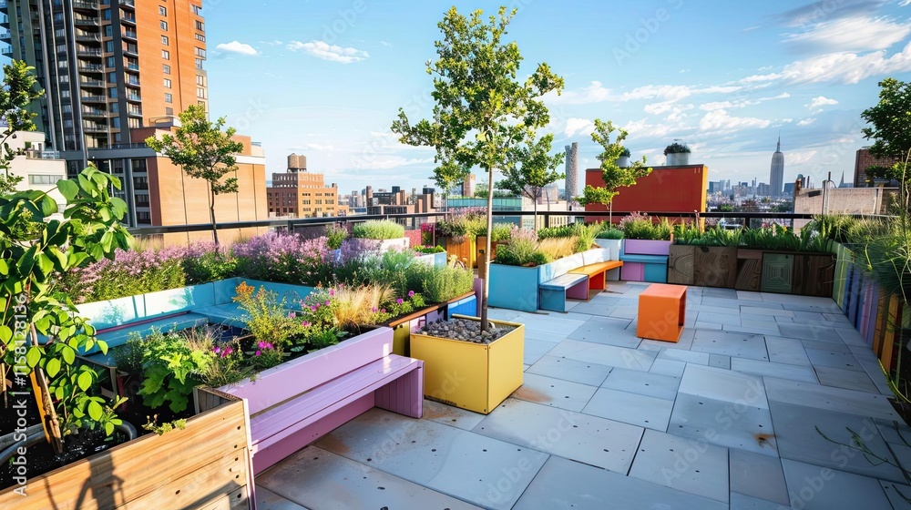 Fototapeta premium Community rooftop garden with planter boxes in city view