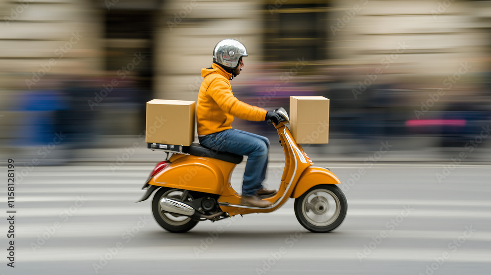 Delivery driver on electric scooter carrying package through busy urban street, navigating traffic and cityscape, focused on efficient and timely package delivery, modern urban logistics and transport Delivery driver on electric scooter carrying package through busy urban street, navigating traffic and cityscape, focused on efficient and timely package delivery, modern urban logistics and transport