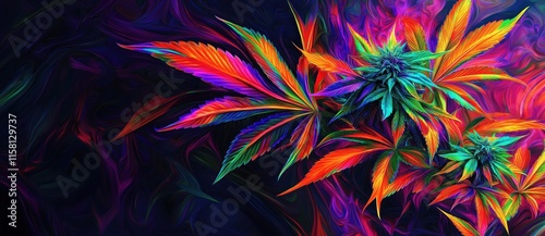 Vibrant Rainbow Cannabis Plant on Psychedelic Swirl Background