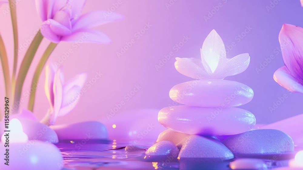 Serene scene with stacked stones and flowers. Serene scene with stacked stones and flowers.