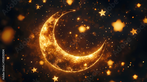 A glowing golden crescent moon surrounded by luminous stars of prosperity. Crescent. Illustration photo