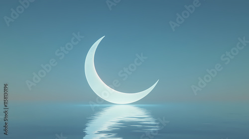 A serene scene of a crescent moon illuminated against a soft blue backdrop, representing the beginning of ramadan. Crescent. Illustration