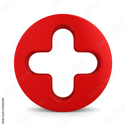 Cross shaped hole in red circle on white background. Isolated 3D illustration