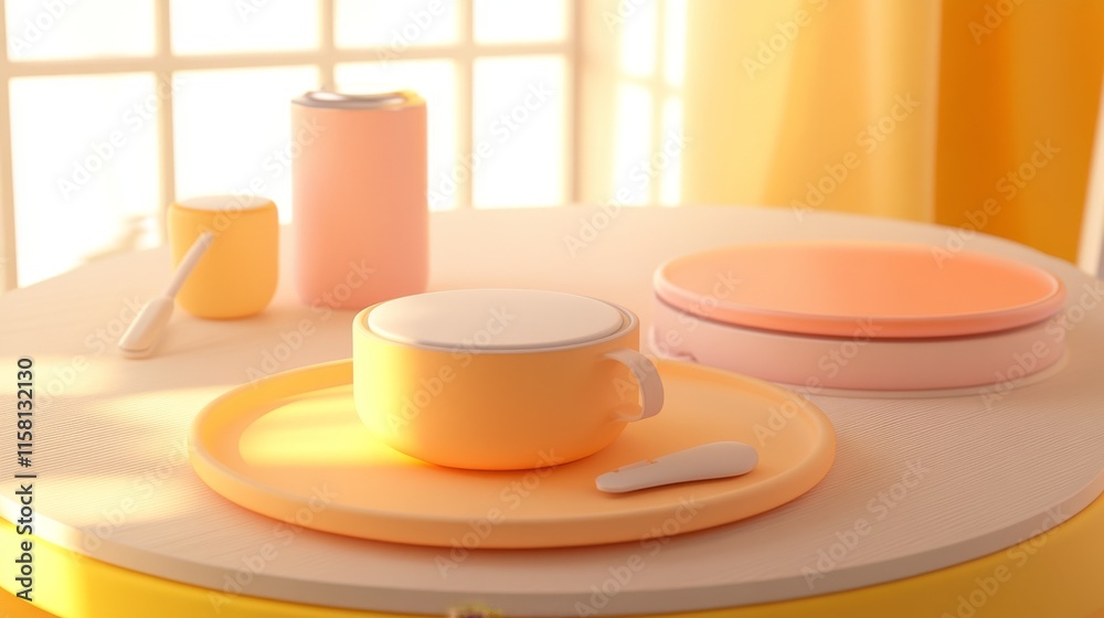 Bright table setting with pastel dishes. Bright table setting with pastel dishes.