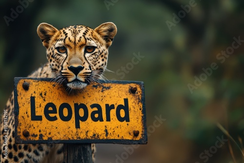 Majestic Leopard Resting Against Warning Sign in Lush Greenery, Capturing the Beauty and Intricacy of Nature's Wildest Creatures in Their Habitat photo