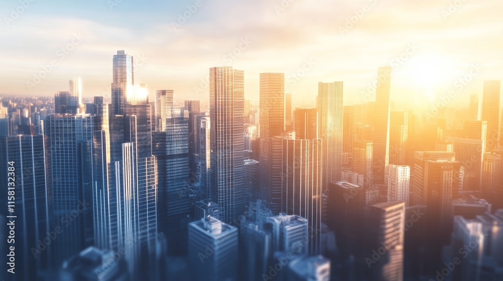 Fototapeta premium City skyline at sunset with golden light