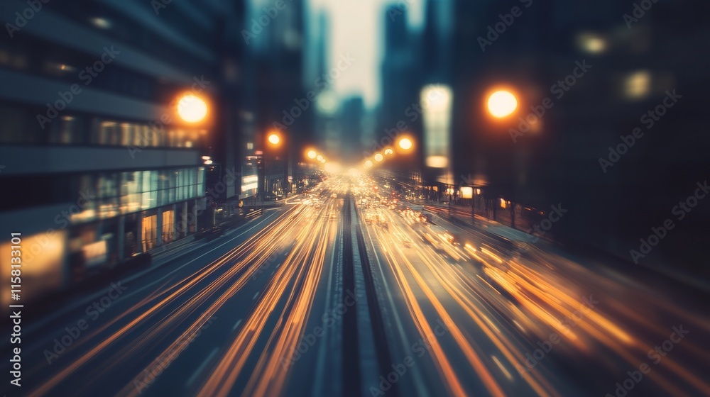 Naklejka premium Dynamic city traffic during dusk with blurred lights.