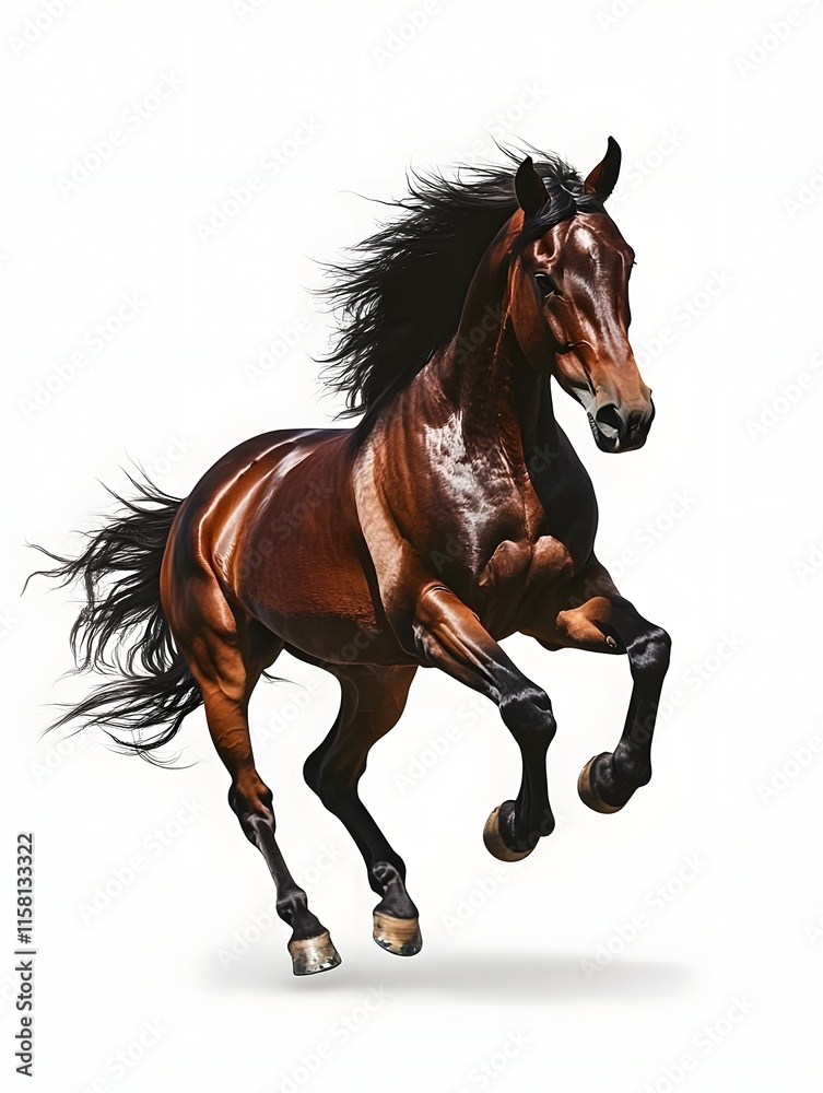 Fototapeta premium A powerful brown horse in mid-gallop, showcasing strength and grace against a white background.