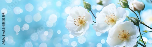 White Rose Blossoms on a Soft Blue Bokeh Background