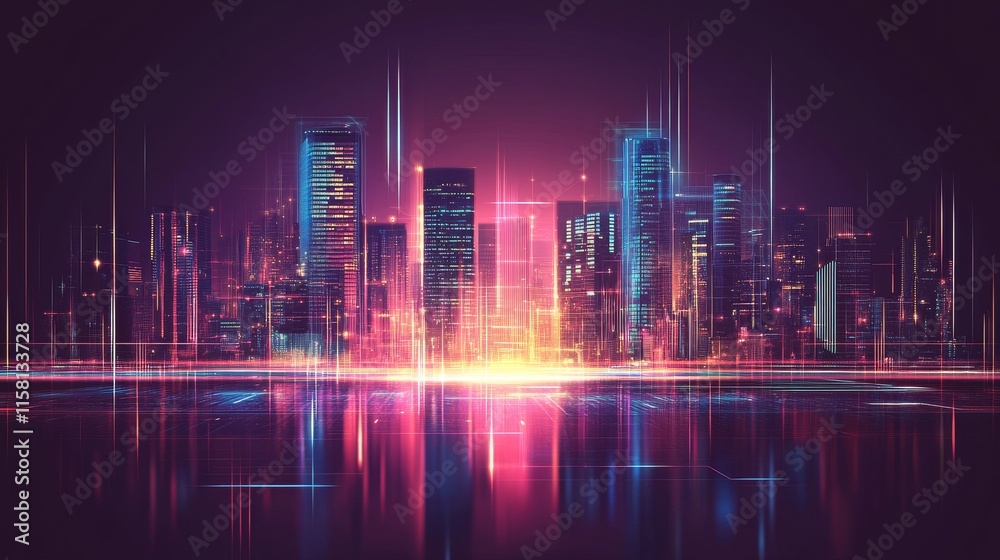 Futuristic city skyline with vibrant lights. Futuristic city skyline with vibrant lights.