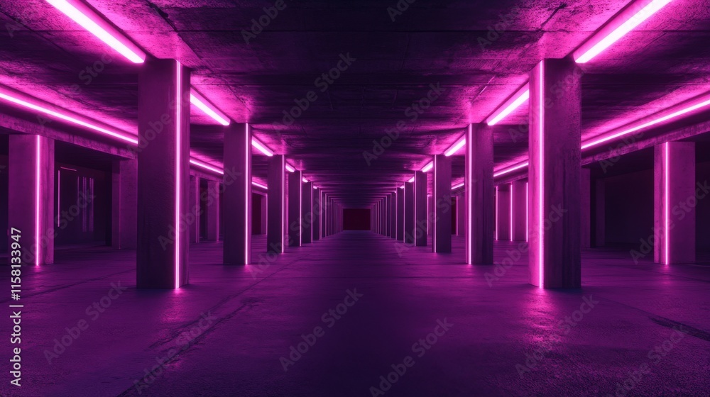 Futuristic neon-lit underground corridor space.
