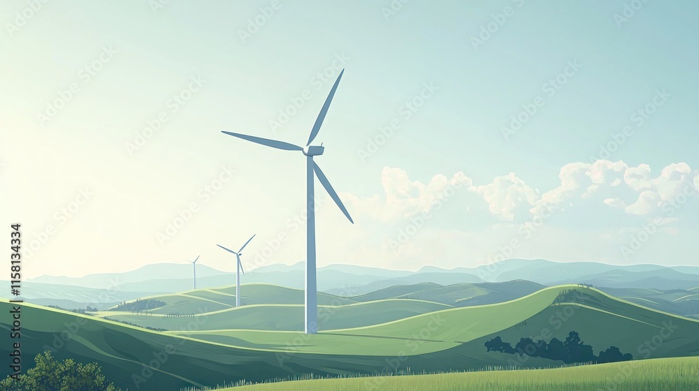 Fototapeta premium Serene Landscape Featuring Eco-Friendly Wind Turbines Surrounded by Lush Green Hills and Gentle Blue Skies for Sustainable Energy Imagery