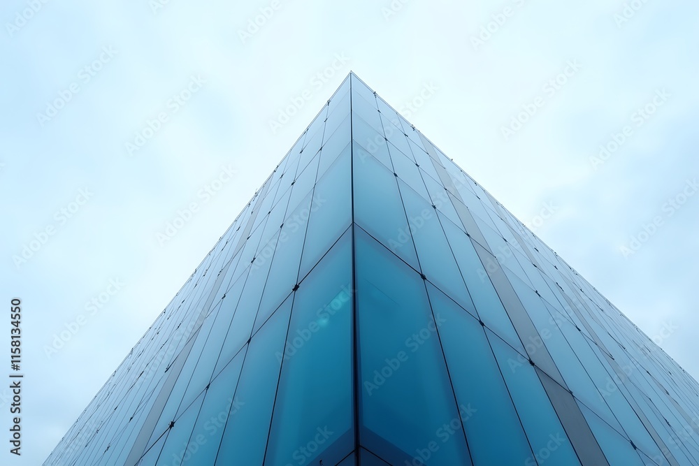 Office building wall reflects blue light, very low angle of view Office building wall reflects blue light, very low angle of view