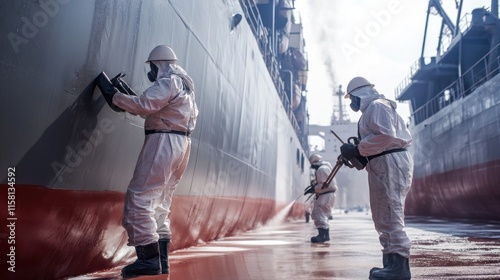 Painters applying anti-corrosion coatings to a ship's hull using advanced spraying equipment