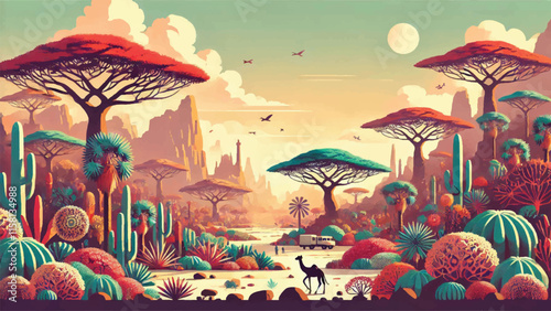 Landscape illustration of Socotra, Yemen, an island with flora and fauna found nowhere else, providing an atmosphere like that of another planet 